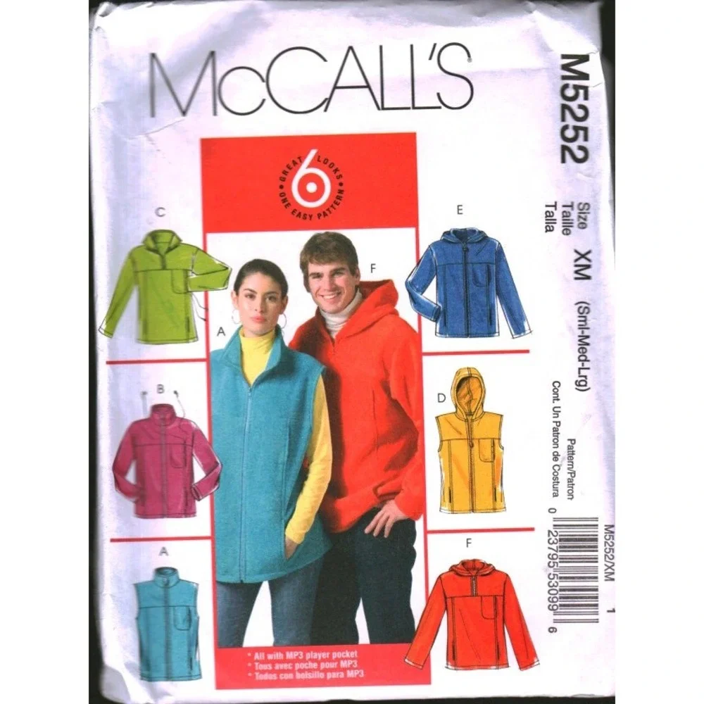 McCall's M5252 Sewing Pattern Unisex Fleece Jacket Vest Hooded Size XM S M L